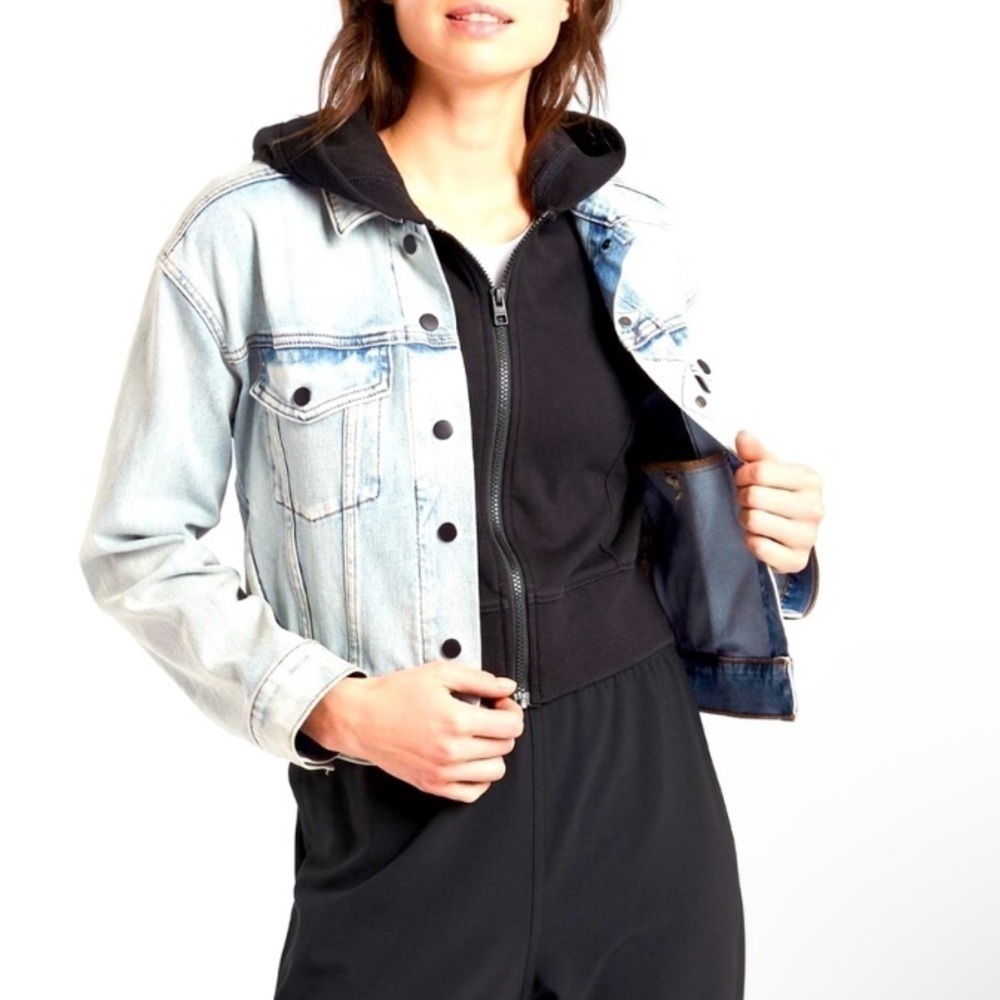 Athleta Double Time Light Blue Denim Jacket with Detachable Inner Black Hoodie